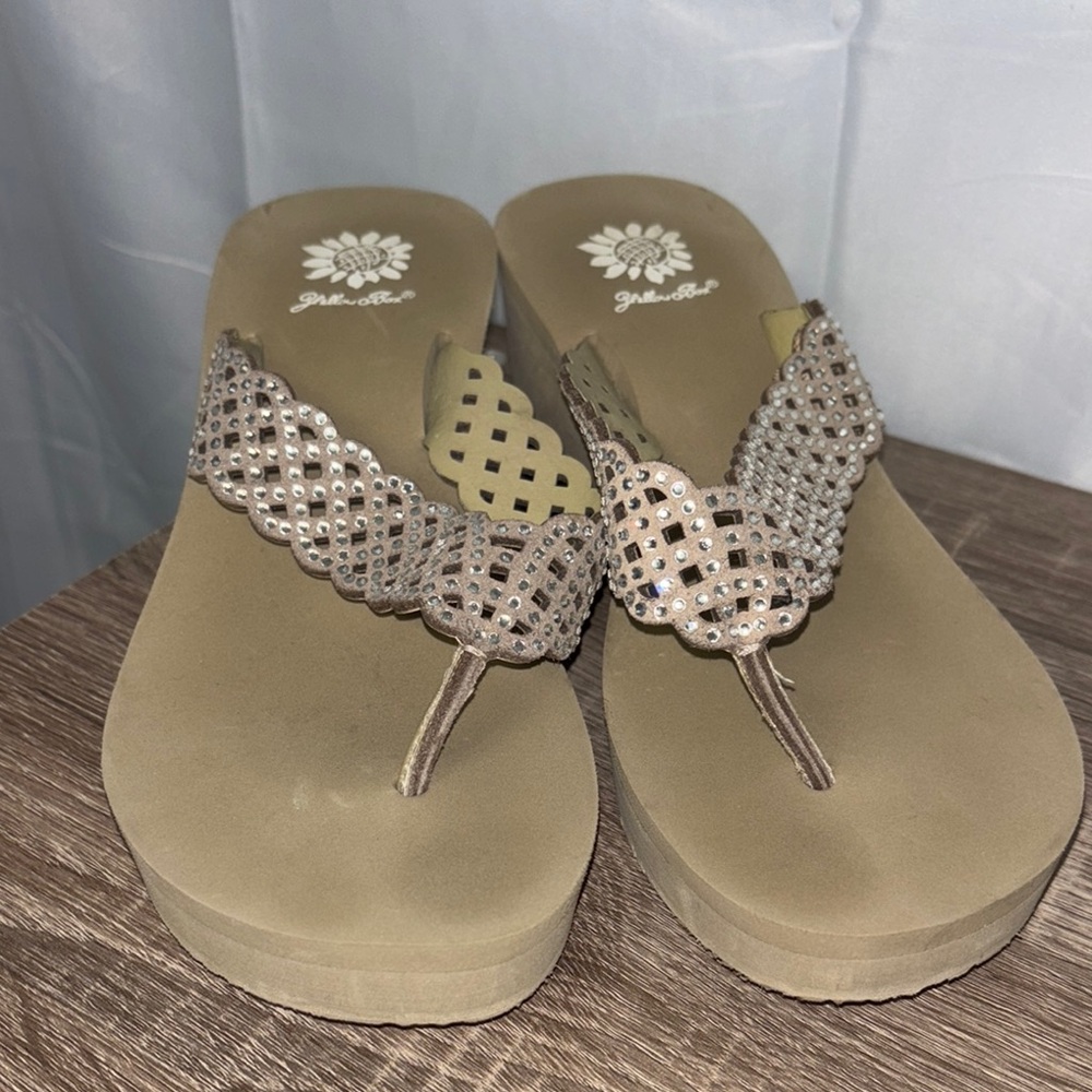 Yellow Box Tan Sandals with Braided Metallic Straps